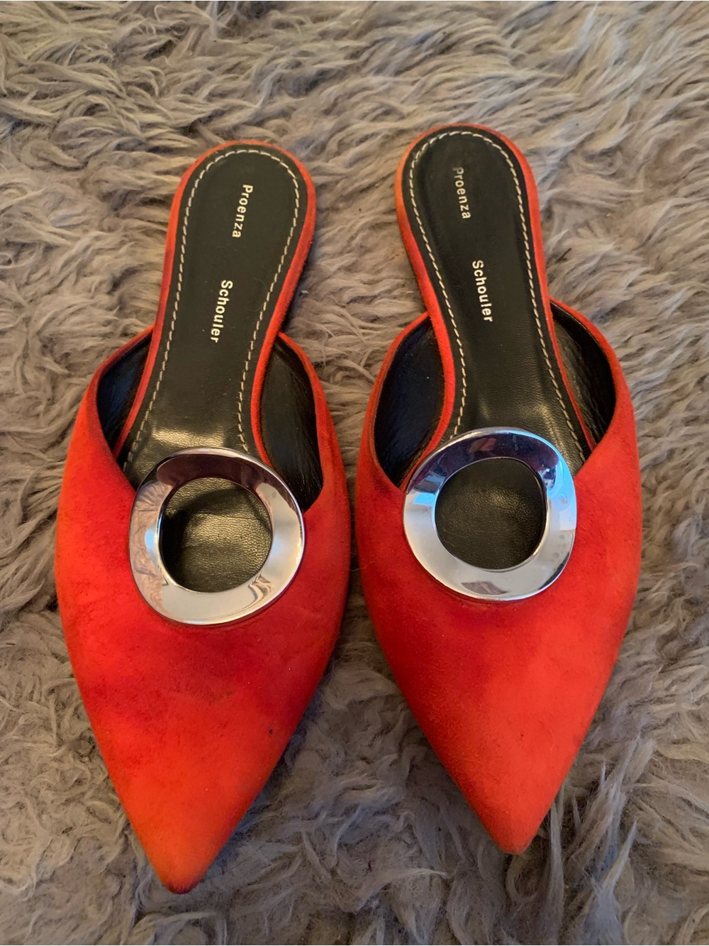 Proenza Schouler Red Suede Pointed Slip-On Mules with Silver Accent
